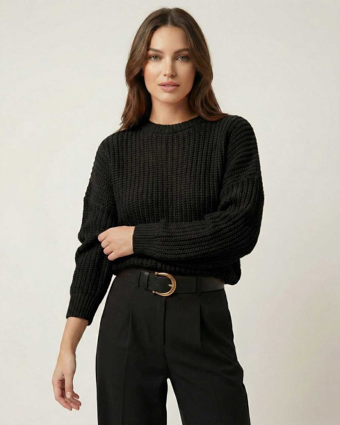 Noir Sweater by Lauven — Classic black knit with refined casual fit, offering lightweight warmth and sophisticated style.