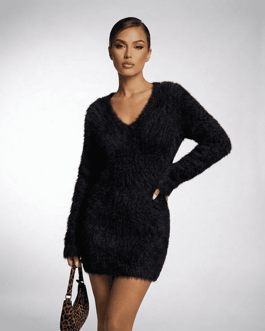 Noir Sweater by Lauven, women's V-neck fuzzy plush knit, stylish fall and winter look.