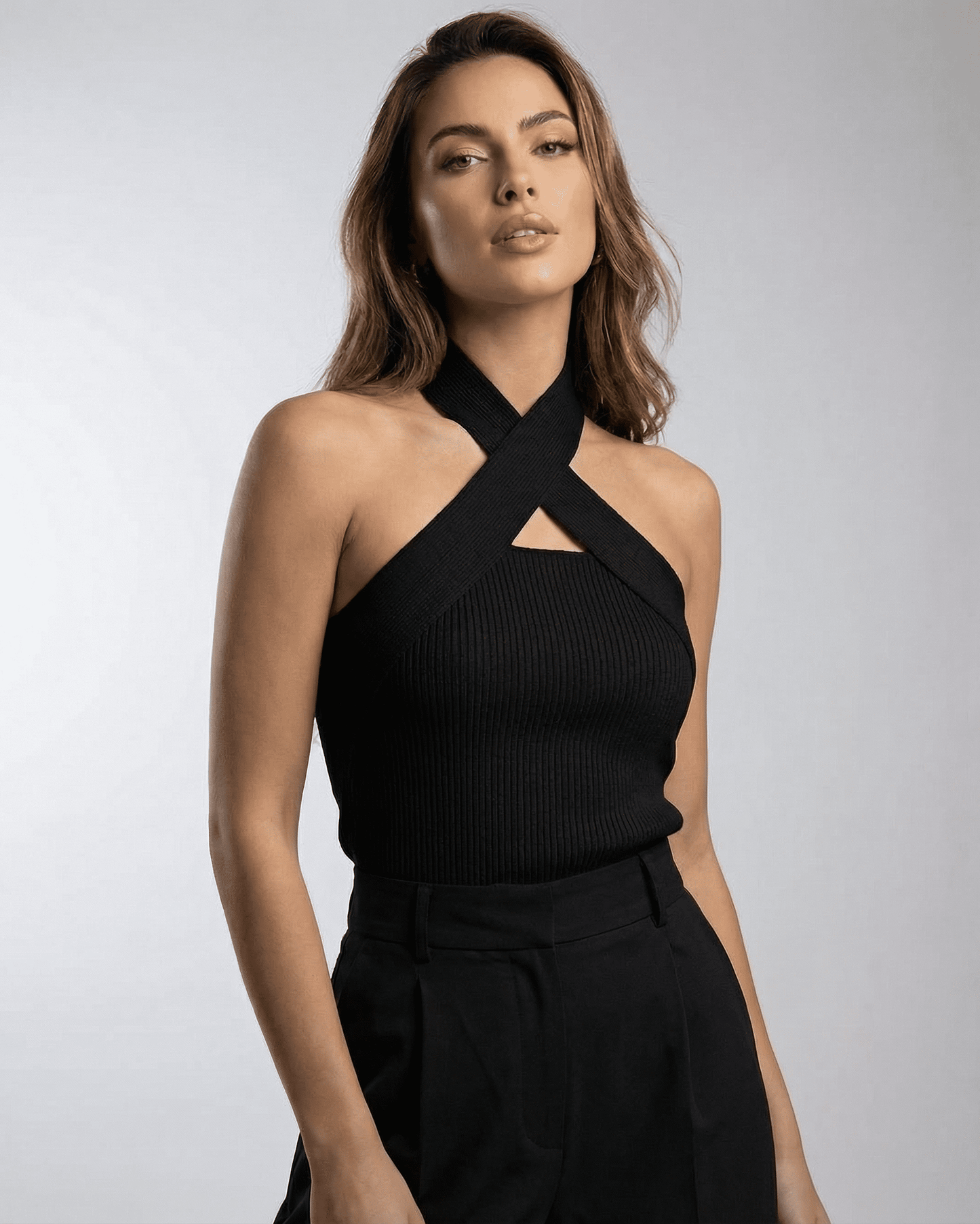 Noir Top by Lauven — elegant ribbed halter neckline top for women in black.
