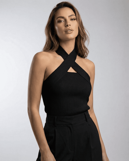 Noir Top by Lauven — elegant ribbed halter neckline top for women in black.