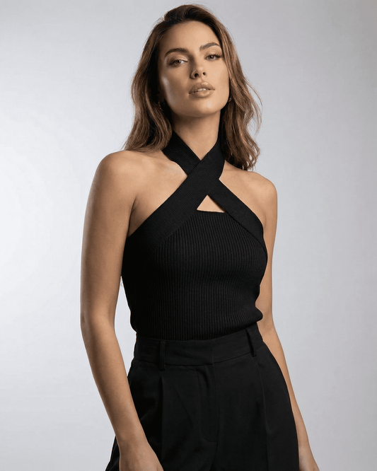 Noir Top by Lauven — elegant ribbed halter neckline top for women in black.
