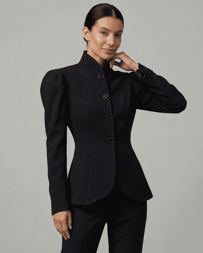 Noiré Blazer by Lauven featuring stand collar and structured puff sleeves for sophisticated workwear.