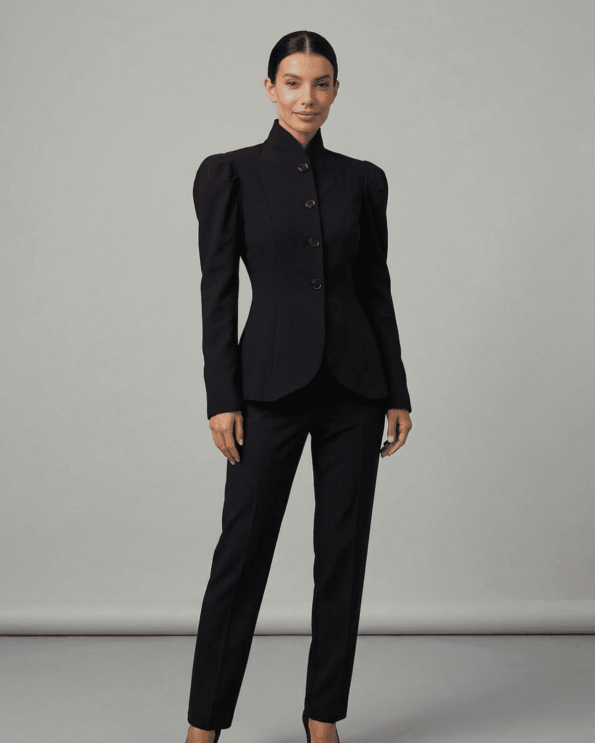 Noiré Blazer by Lauven, featuring a stand collar and puff sleeves for an elegant, tailored look.