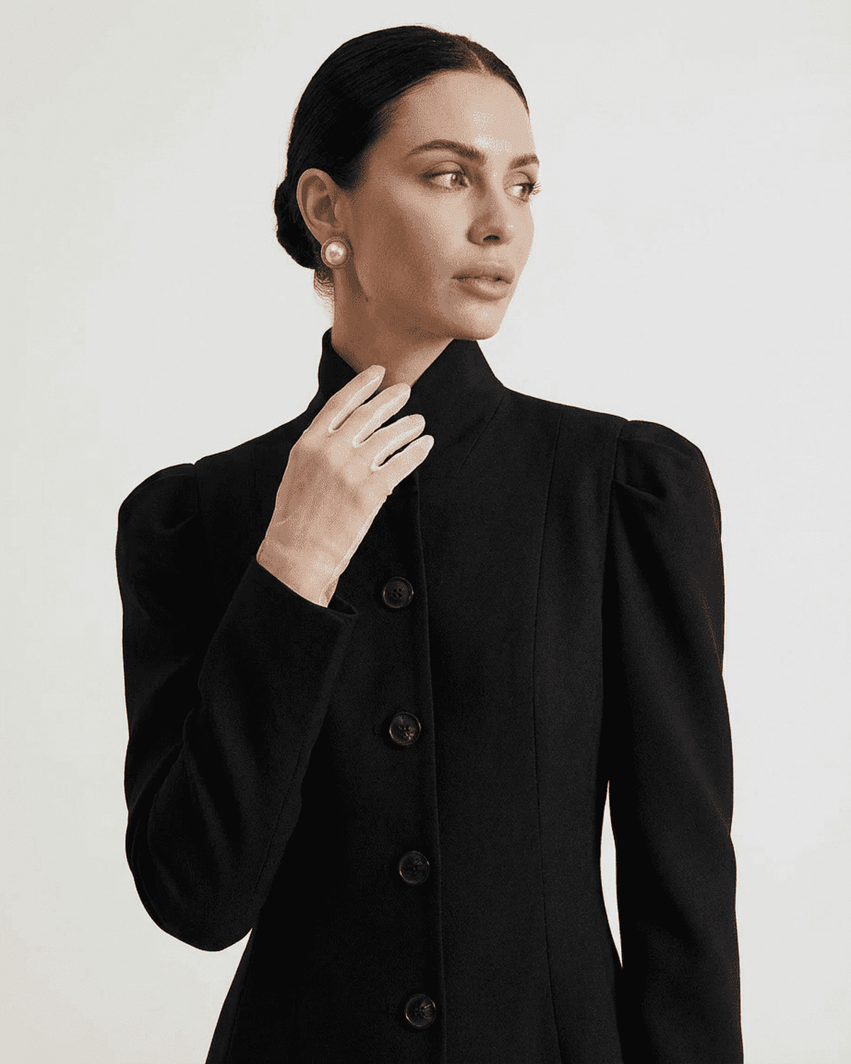 Noiré Blazer by Lauven, featuring a stand collar and structured puff sleeves for elegant women's workwear.