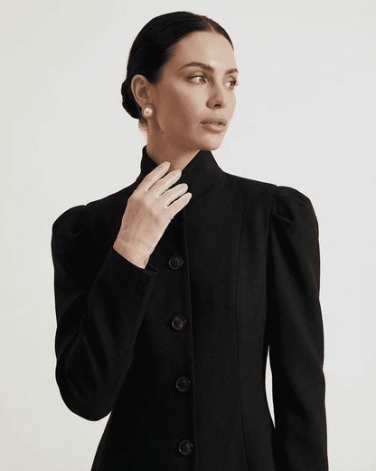 Noiré Blazer by Lauven, featuring a stand collar and structured puff sleeves for elegant women's workwear.