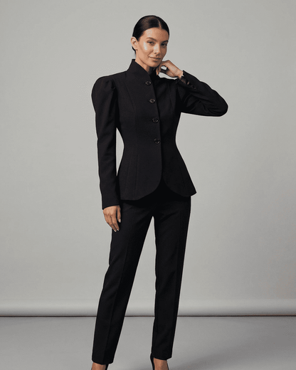 Noiré Blazer by Lauven with stand collar and puff sleeves in elegant black tailored design.