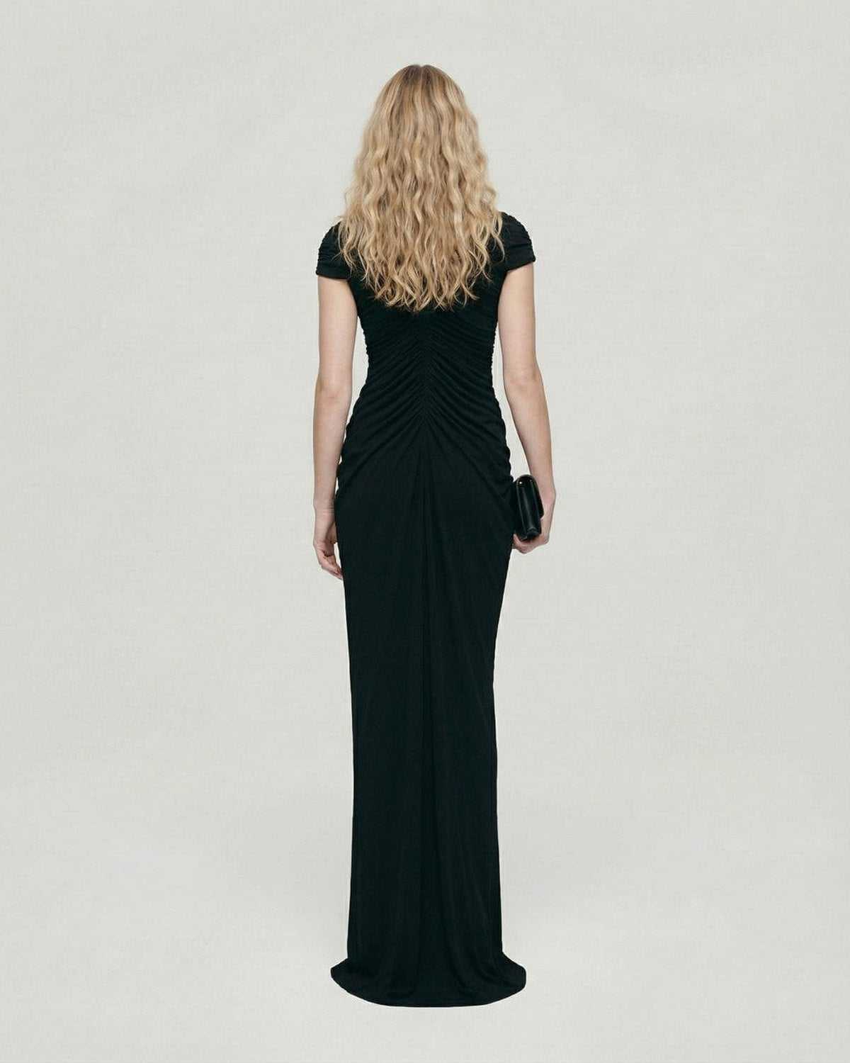Noiré Maxi Dress by Lauven, showcasing the back view of a black evening maxi dress with ruched detail.