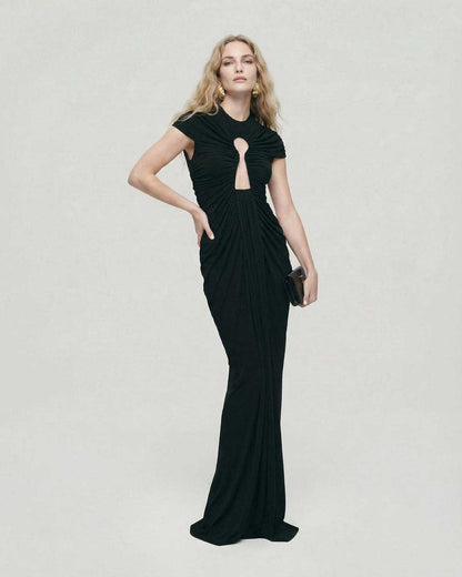 Noiré Maxi Dress by Lauven - Black evening dress with ruched keyhole detail and elegant silhouette.