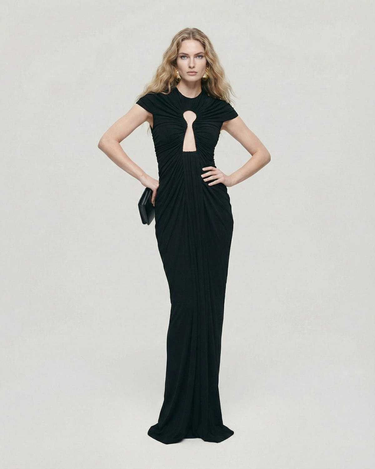 Noiré Maxi Dress by Lauven - Black evening gown with ruched keyhole detail and sleek sheath silhouette.