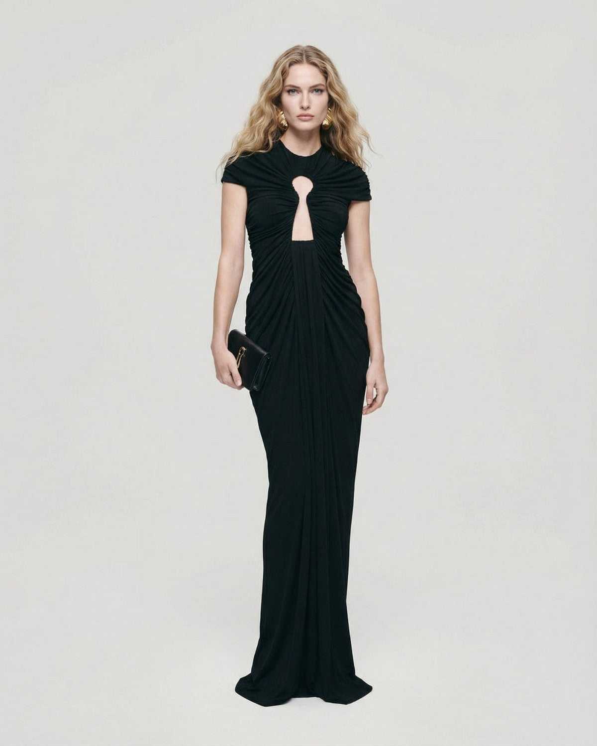 Noiré Maxi Dress by Lauven - Black evening dress with ruched keyhole detail, elegant O-neckline.