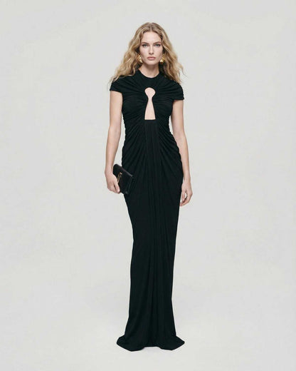 Noiré Maxi Dress by Lauven - Black evening dress with ruched keyhole detail, elegant O-neckline.