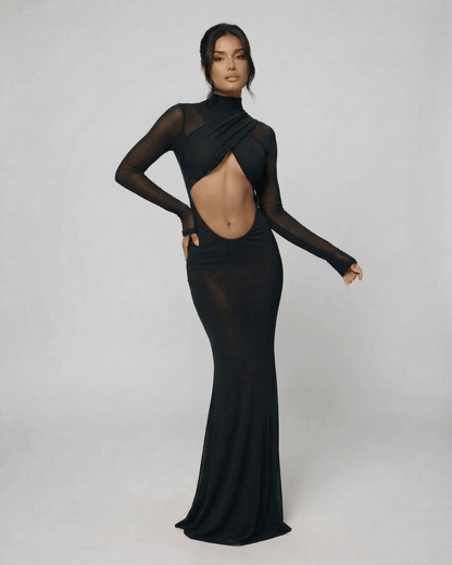 Model wearing the Noiré Maxi Dress by Lauven, showcasing a long sleeve cut-out turtleneck design in solid black.