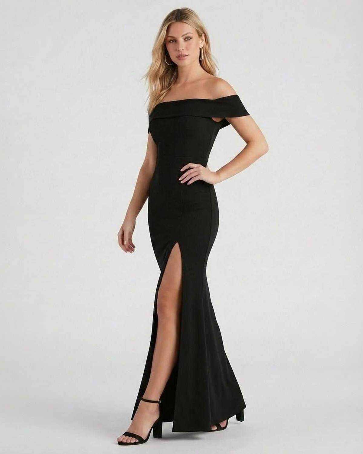 Noiré Maxi Dress by Lauven - Off Shoulder Black Crepe Maxi Dress with Side Slit for elegant evening wear.