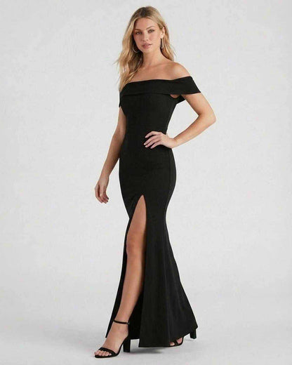Noiré Maxi Dress by Lauven - Off Shoulder Black Crepe Maxi Dress with Side Slit for elegant evening wear.