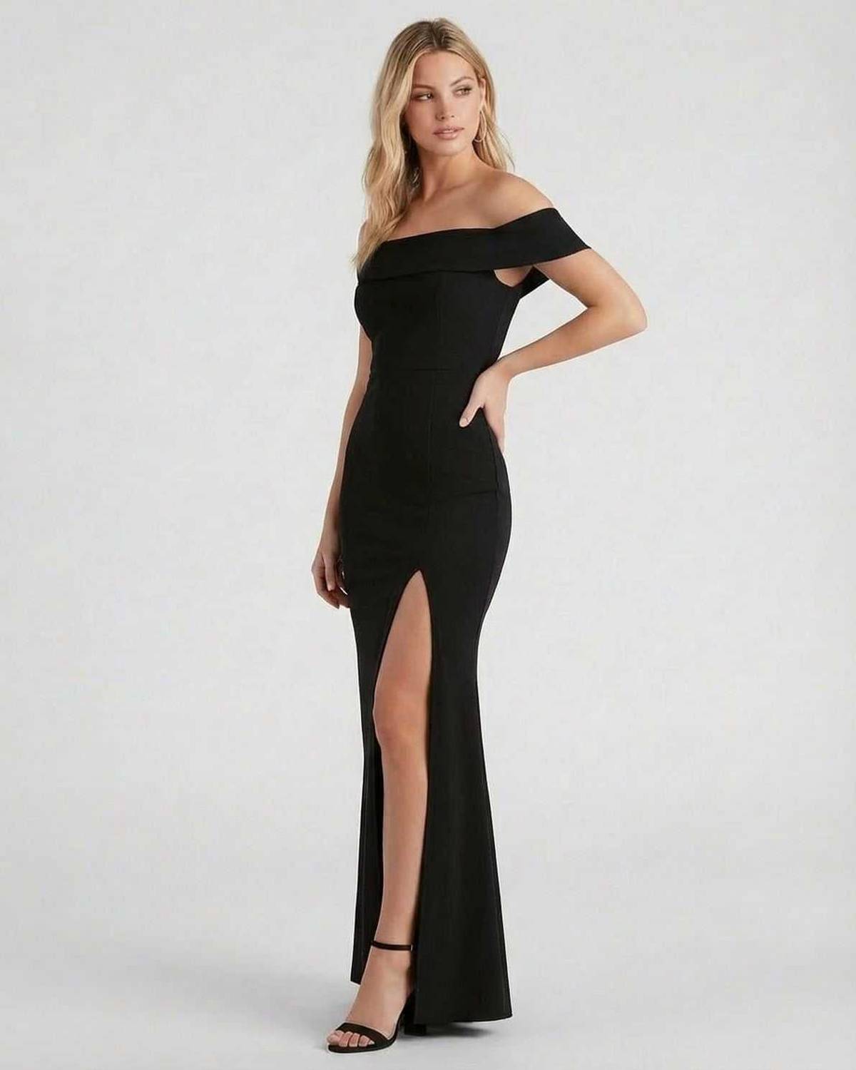 Lauven Noiré Maxi Dress - Off Shoulder Black Crepe Maxi Dress with Side Slit, elegant evening wear.