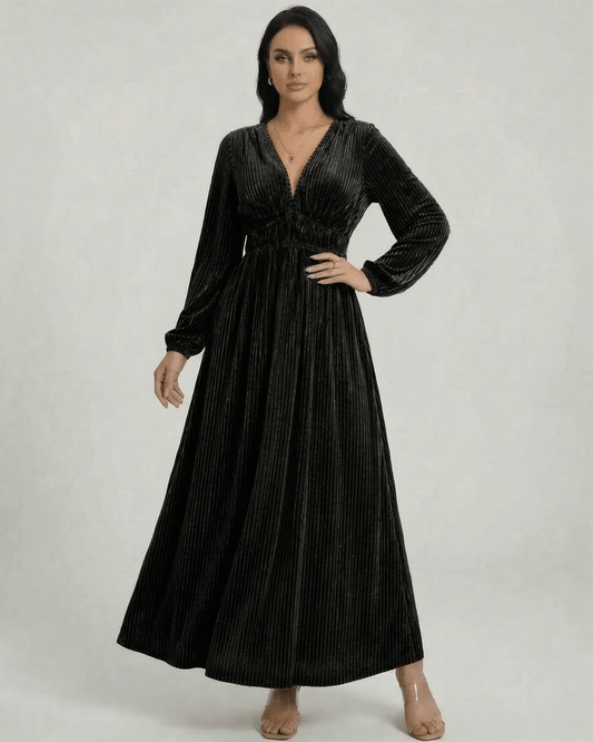 Noiré Maxi Dress by Lauven - Elegant pleated velvet long sleeve dress with deep V-neckline.