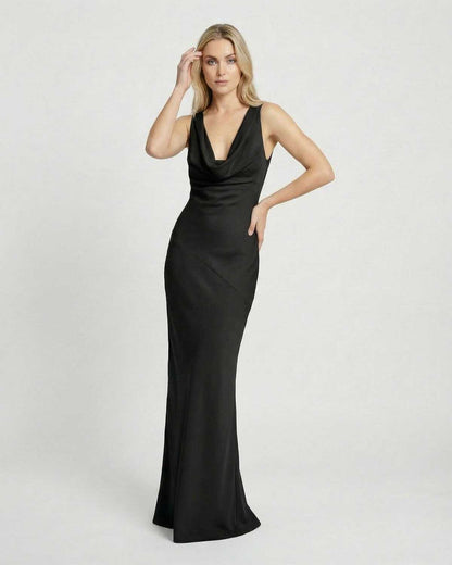Noiré Maxi Dress by Lauven - Satin-Effect Cowl Neck Sleeveless Maxi Dress in black, showcasing a sleek silhouette.