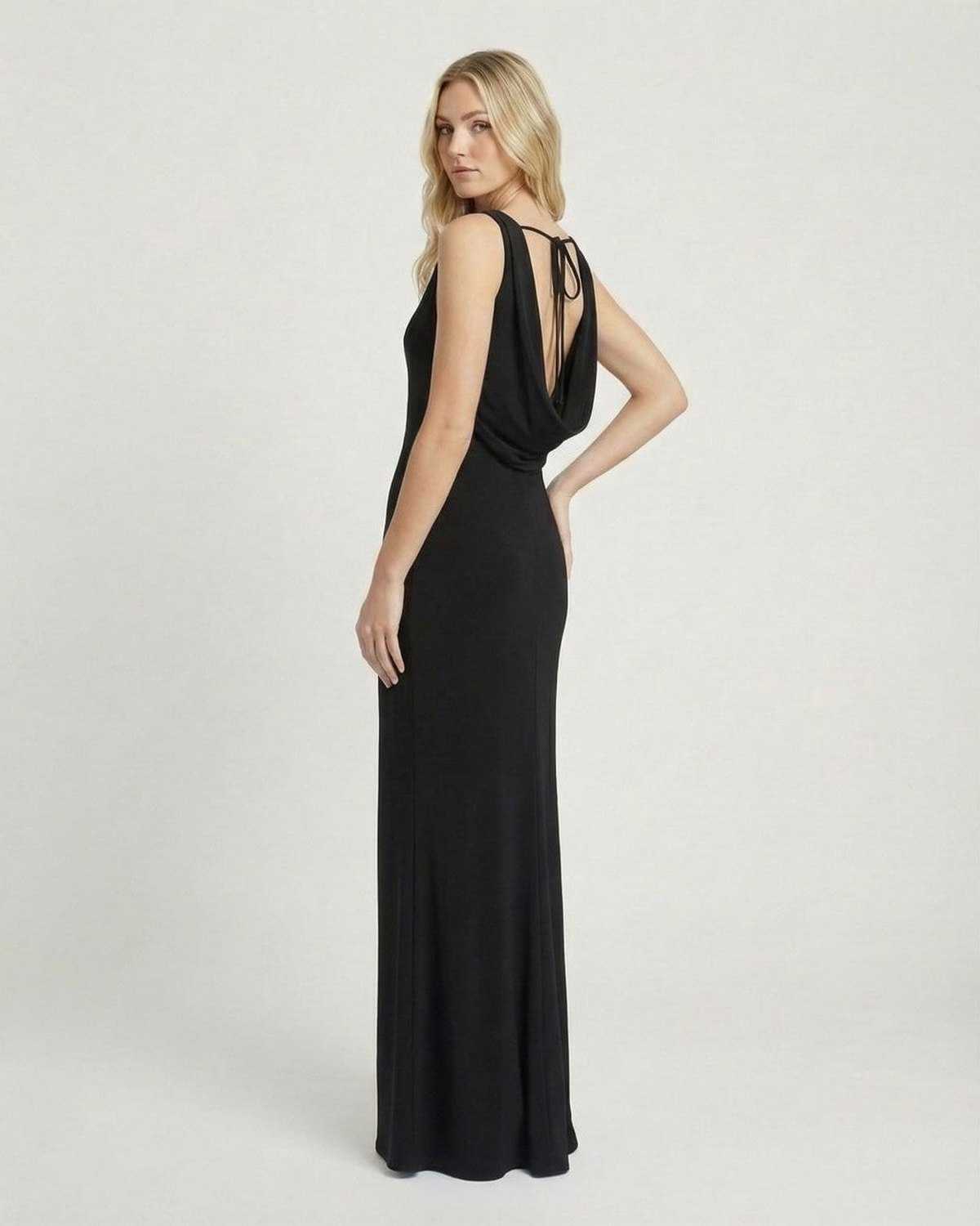 Noiré Maxi Dress by Lauven showcased from the back, featuring a satin-effect cowl neck and sleek silhouette.