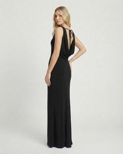 Noiré Maxi Dress by Lauven showcased from the back, featuring a satin-effect cowl neck and sleek silhouette.