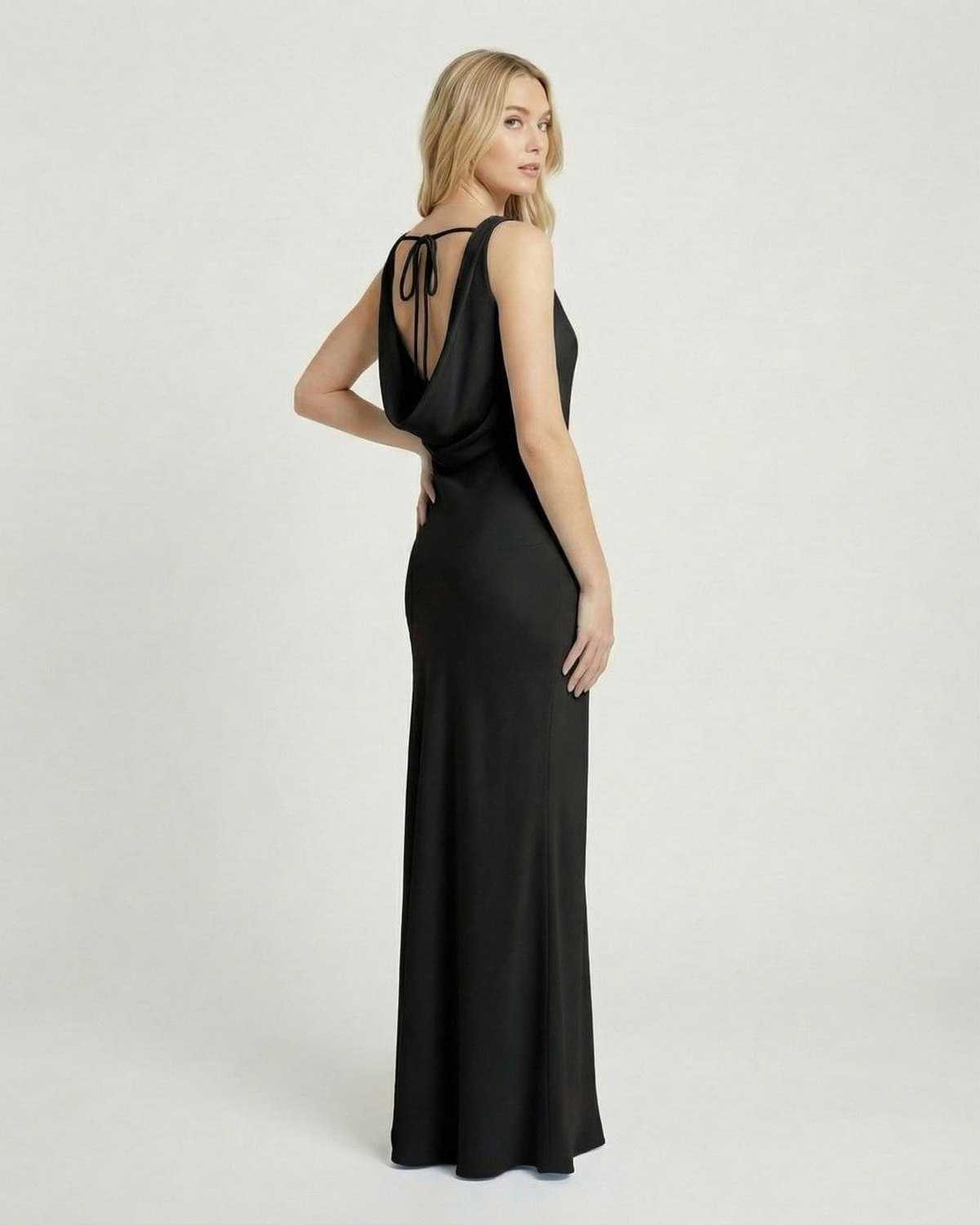 Noiré Maxi Dress by Lauven, showcasing a satin-effect cowl neck and sleeveless design from the back.