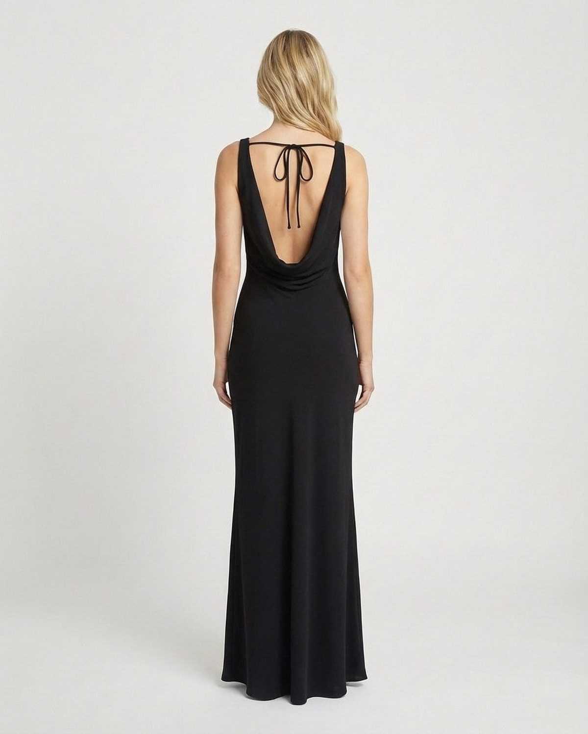 Back view of the Lauven Noiré Maxi Dress featuring a cowl neckline and elegant satin-effect fabric.