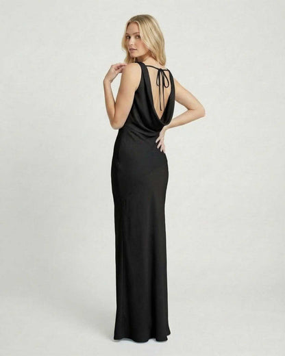 Lauven Noiré Maxi Dress, showcasing the elegant back design of the satin-effect cowl neck maxi dress.