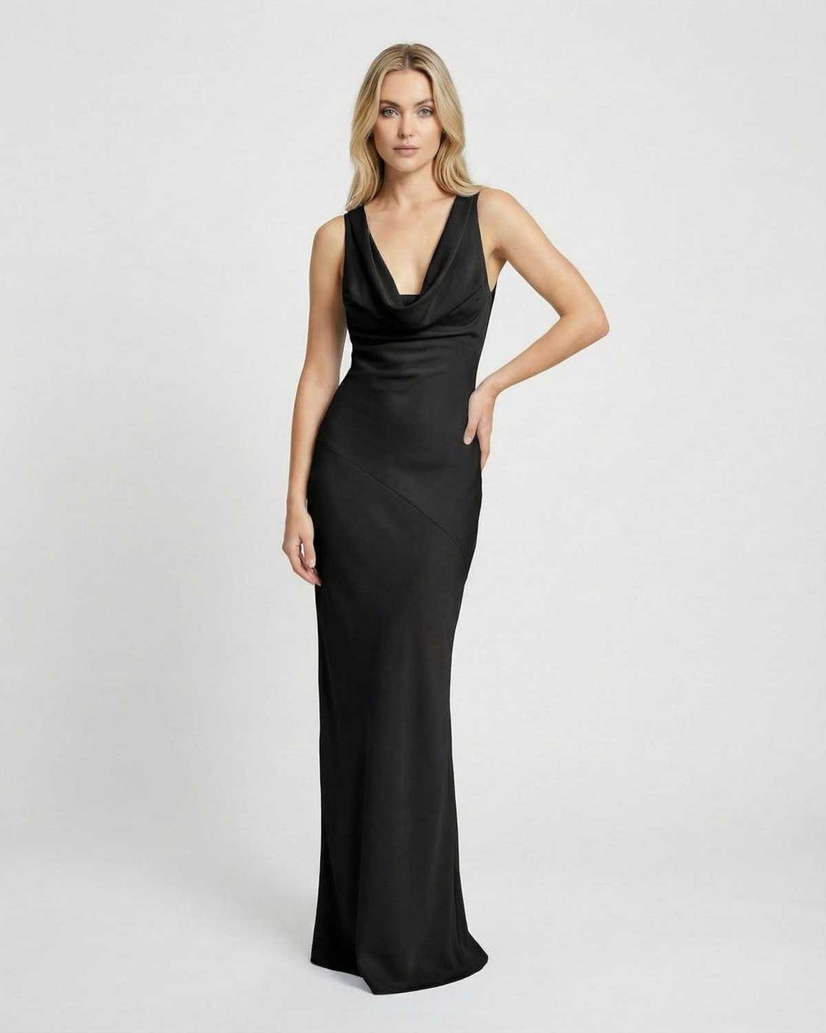 Noiré Maxi Dress by Lauven, showcasing a satin-effect cowl neck and sleek bodycon silhouette.