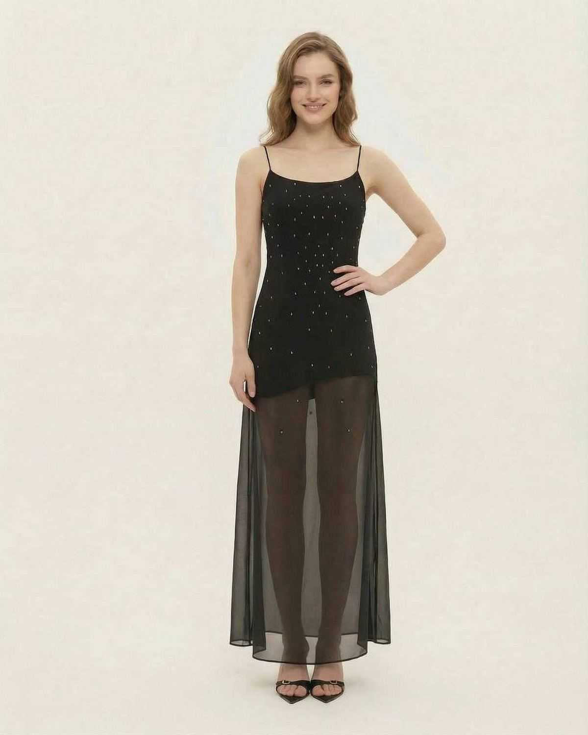 Noire Maxi Dress by Lauven featuring sheer mesh A-line silhouette with fine glitter detail.