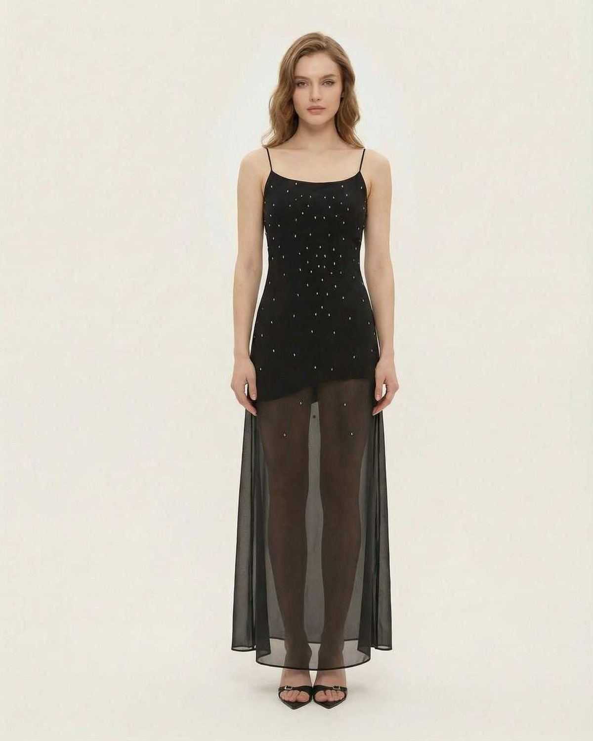Noire Maxi Dress by Lauven featuring sheer mesh A-line silhouette with fine glitter detail.