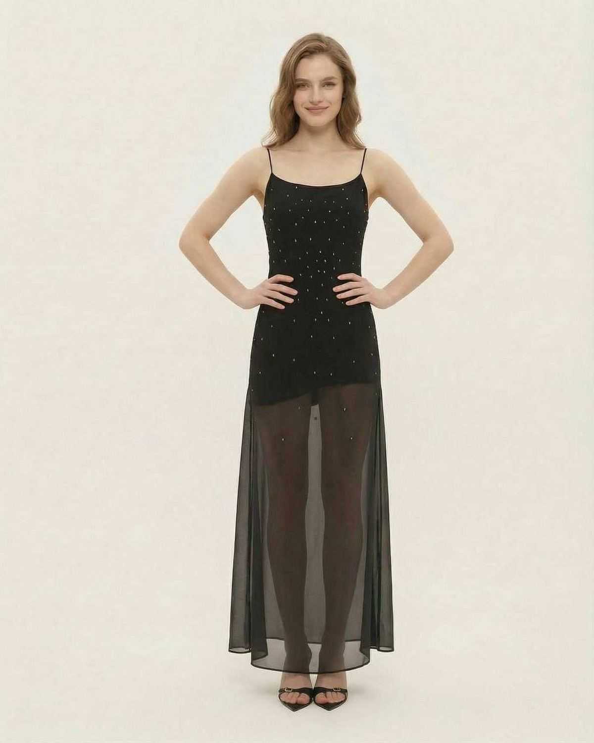 Noire Maxi Dress by Lauven - Sheer mesh A-line silhouette with fine glitter detail, perfect for elegant occasions.