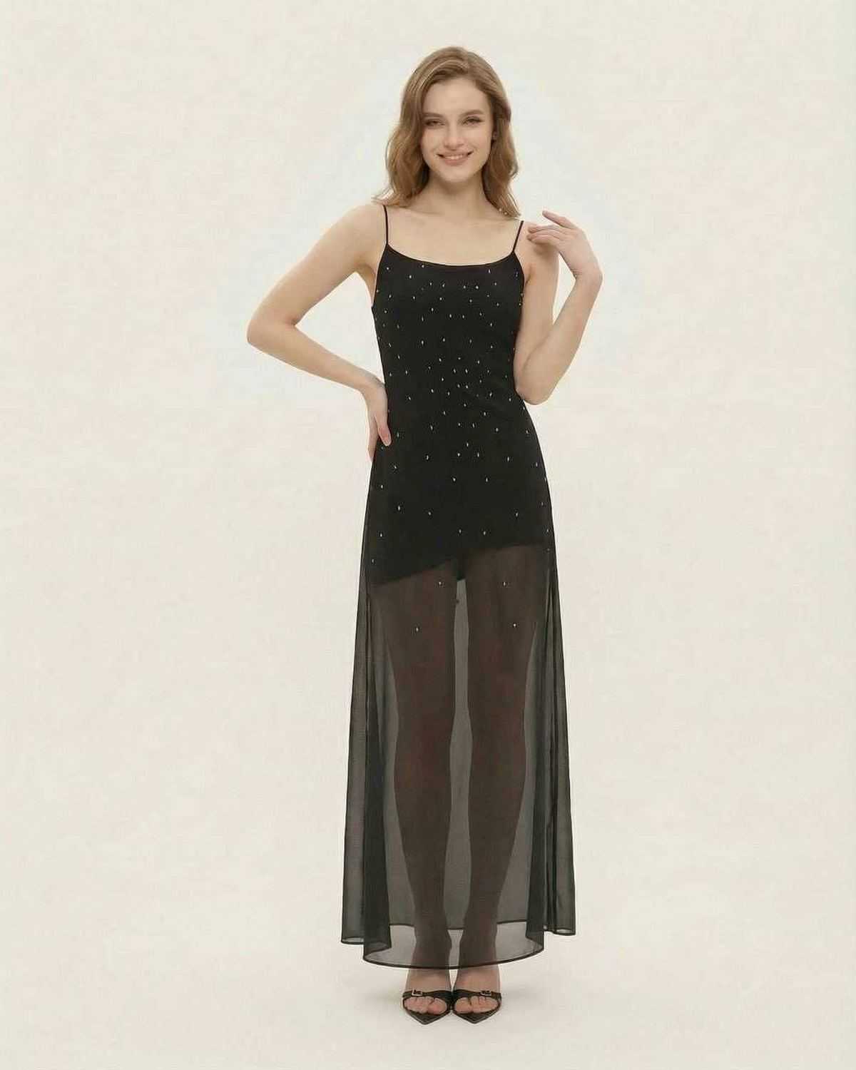 Noire Maxi Dress by Lauven: A-line black sheer mesh with fine glitter details, elegant and polished look.