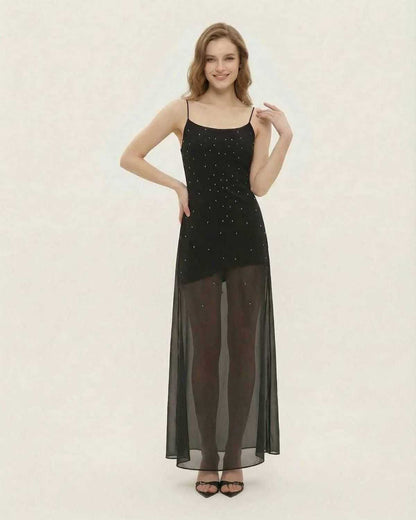 Noire Maxi Dress by Lauven: A-line black sheer mesh with fine glitter details, elegant and polished look.