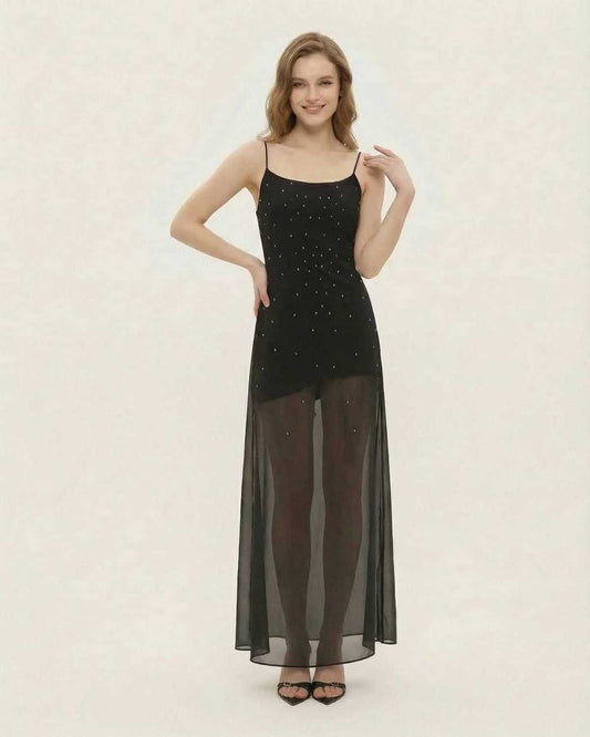 Noire Maxi Dress by Lauven: A-line black sheer mesh with fine glitter details, elegant and polished look.