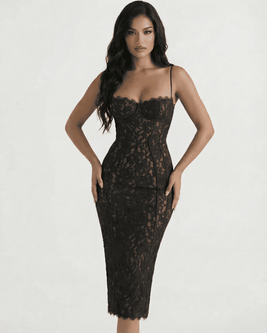 Noiré Midi Dress by Lauven - Elegant black lace sheath dress with sculpting high waist and intricate design.