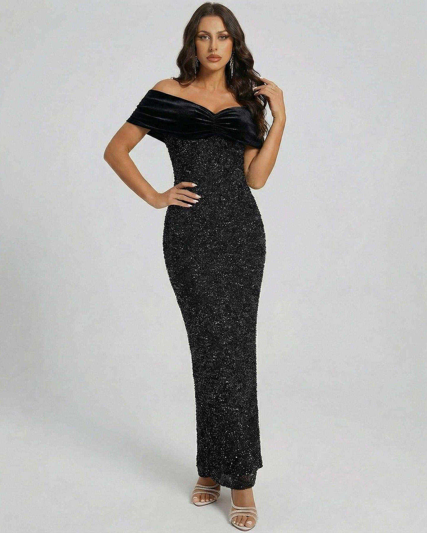 Noiré Midi Dress by Lauven – Black off shoulder velvet sequin dress showcasing elegant silhouette and timeless glamour.