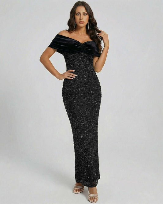 Noiré Midi Dress by Lauven – Black off shoulder velvet sequin dress showcasing elegant silhouette and timeless glamour.