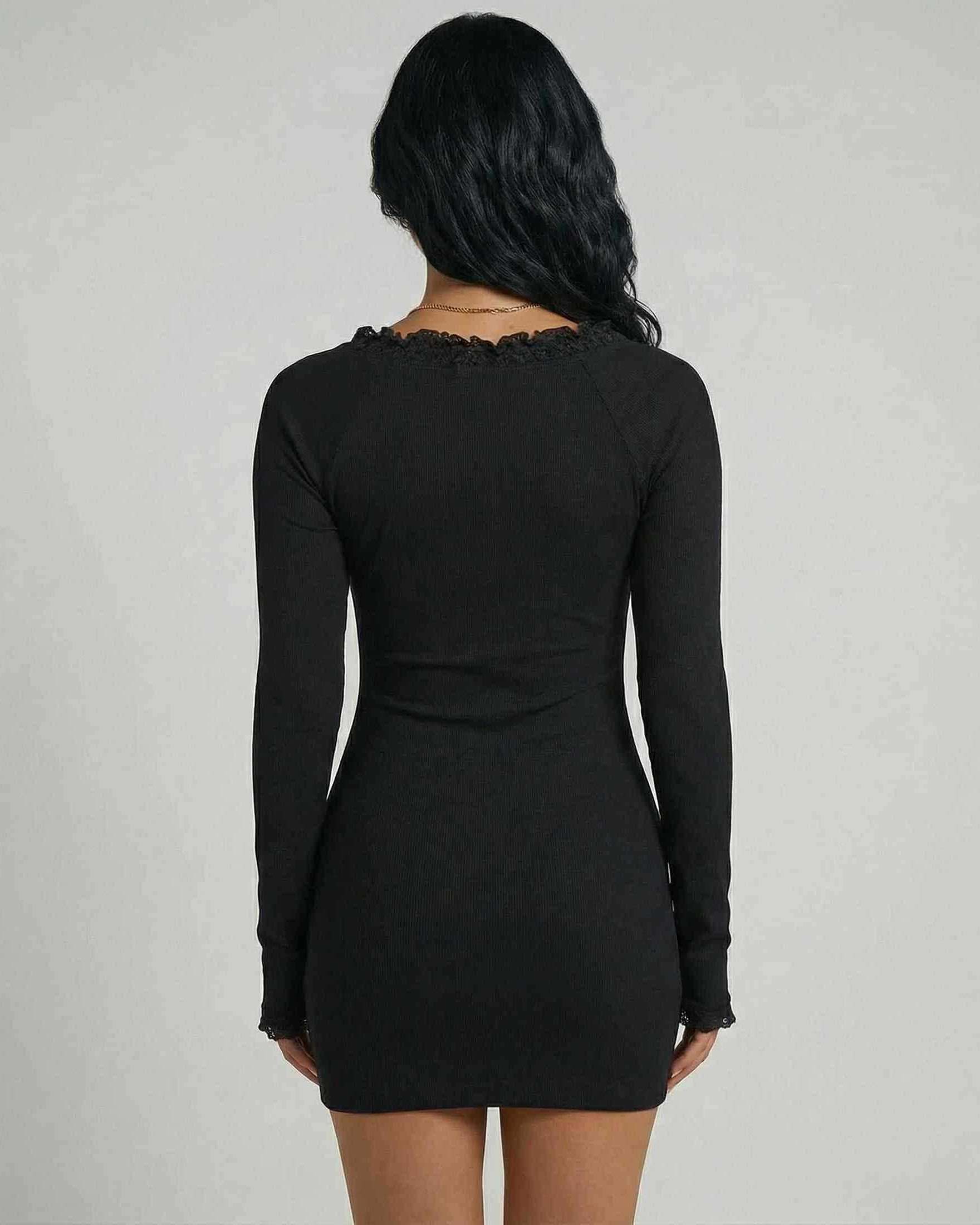 Back view of Noiré Mini Dress by Lauven, showcasing the lace trim and slim fit silhouette in classic black.