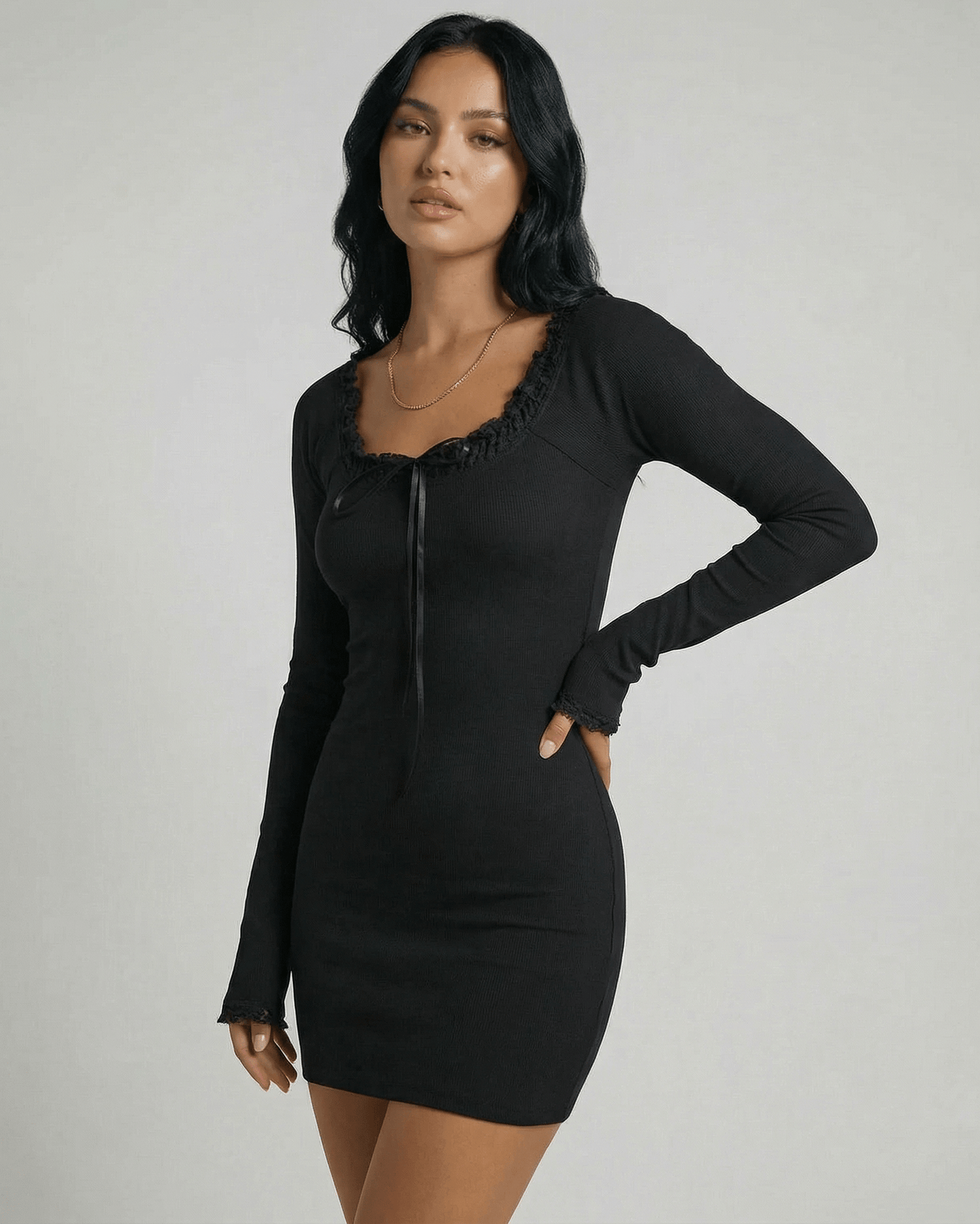 Lauven Noiré Mini Dress featuring lace trim O-neck and slim pencil silhouette in timeless black.
