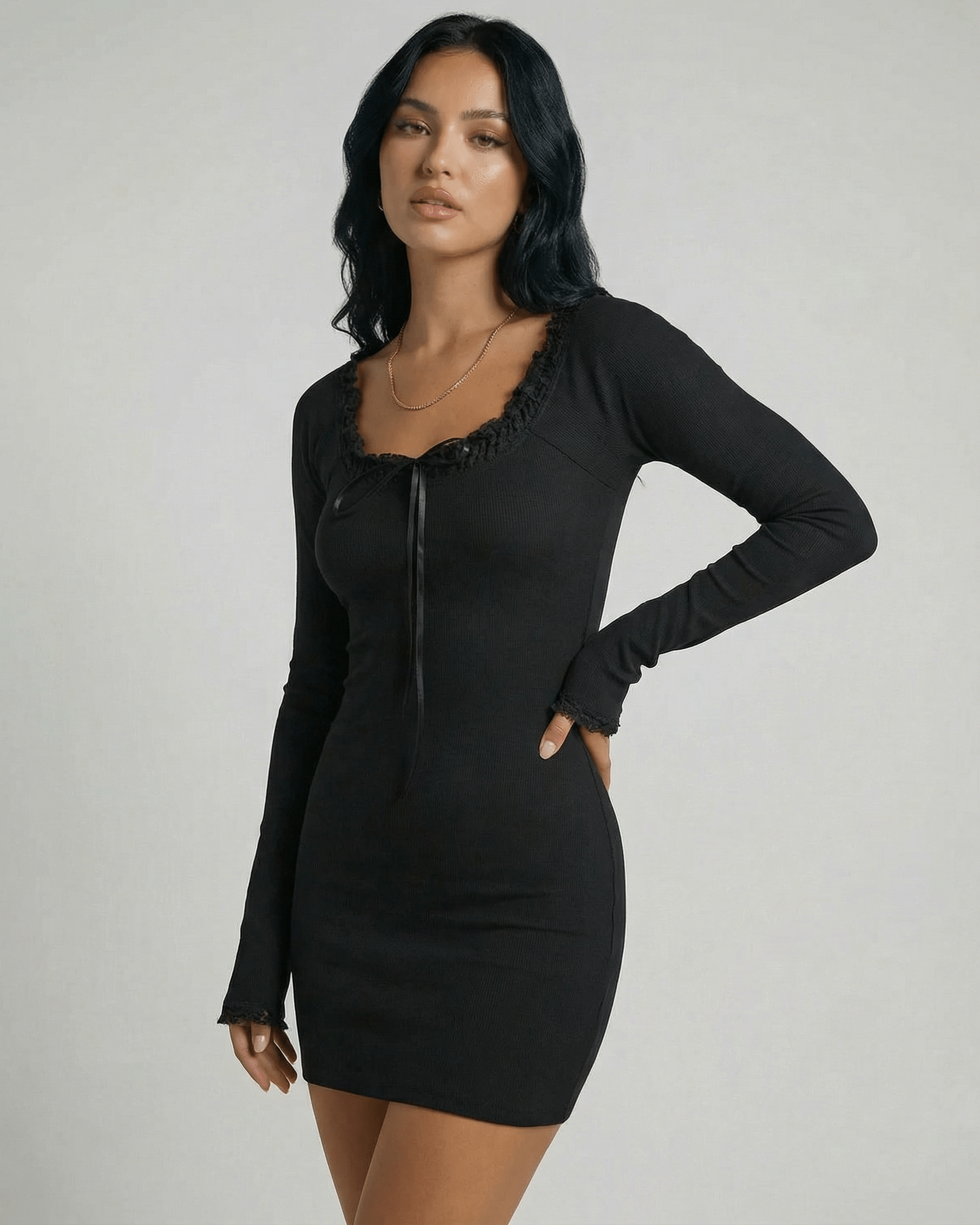 Lauven Noiré Mini Dress featuring lace trim O-neck and slim pencil silhouette in timeless black.
