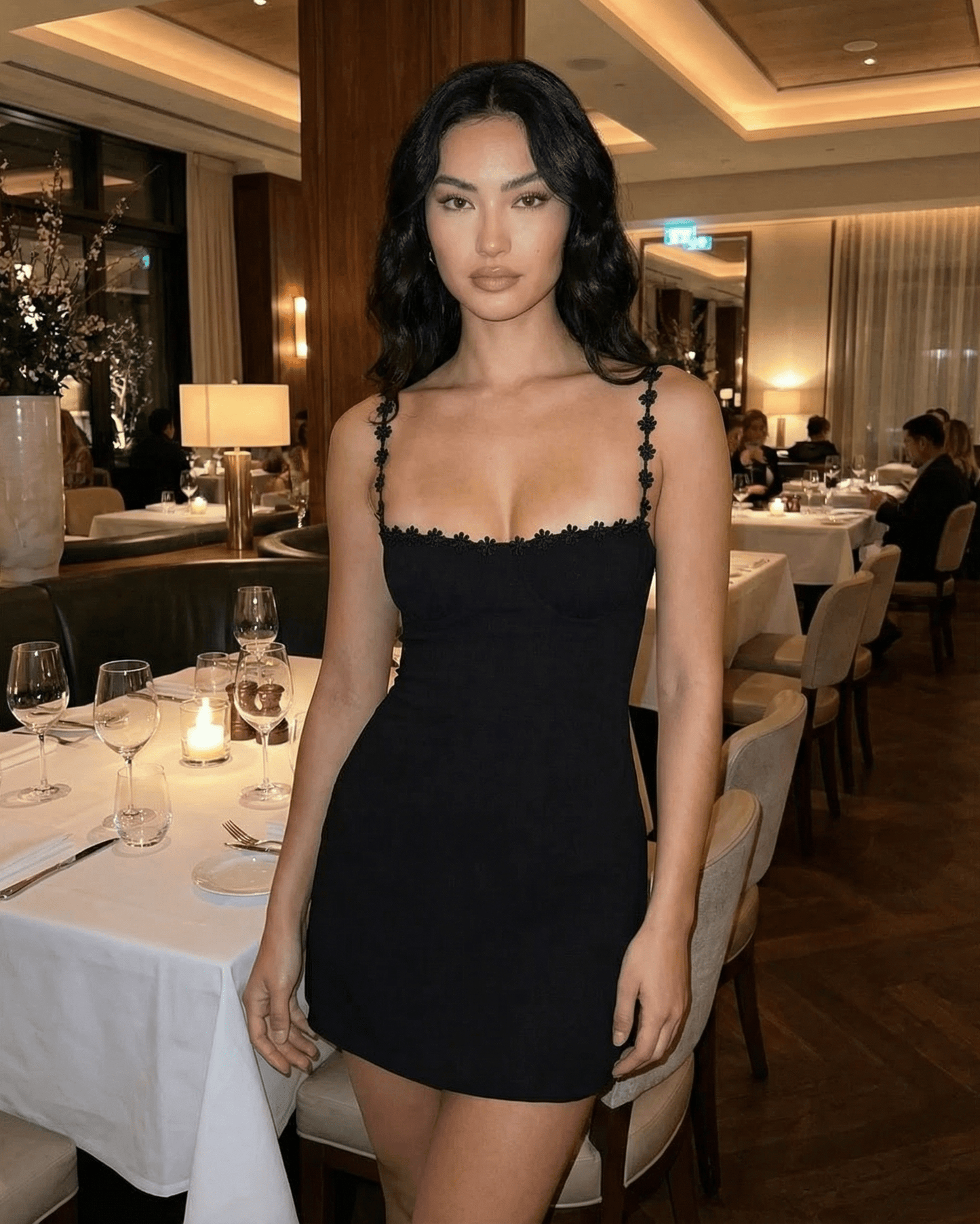 Noiré Mini Dress by Lauven, black square neck spaghetti strap mini dress with floral trim.