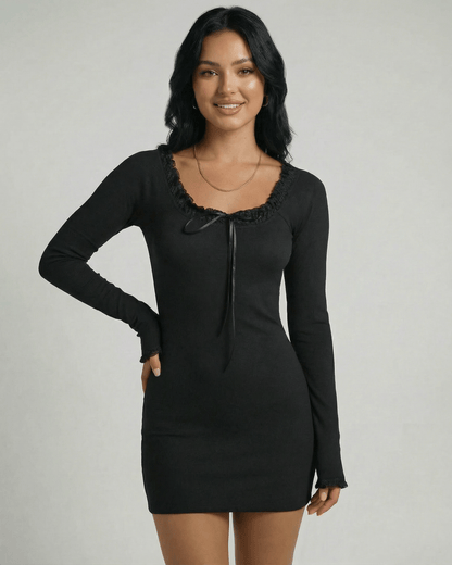 Noiré Mini Dress by Lauven, black lace trim O-neck bodycon mini dress with slim pencil silhouette.