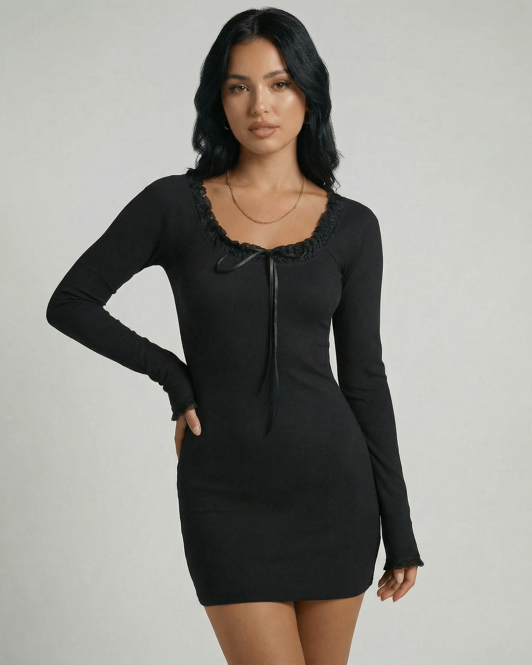 Noiré Mini Dress by Lauven, featuring an O-neck, lace trim, and slim pencil silhouette in black.