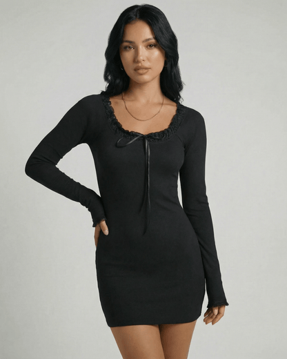 Noiré Mini Dress by Lauven, featuring an O-neck, lace trim, and slim pencil silhouette in black.