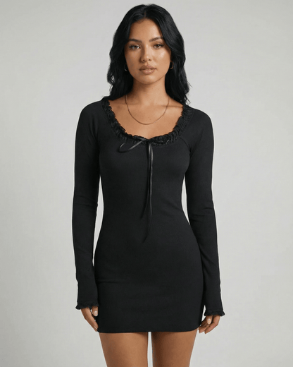 Lauven Noiré Mini Dress - Lace Trim O-Neck slim pencil silhouette black bodycon dress