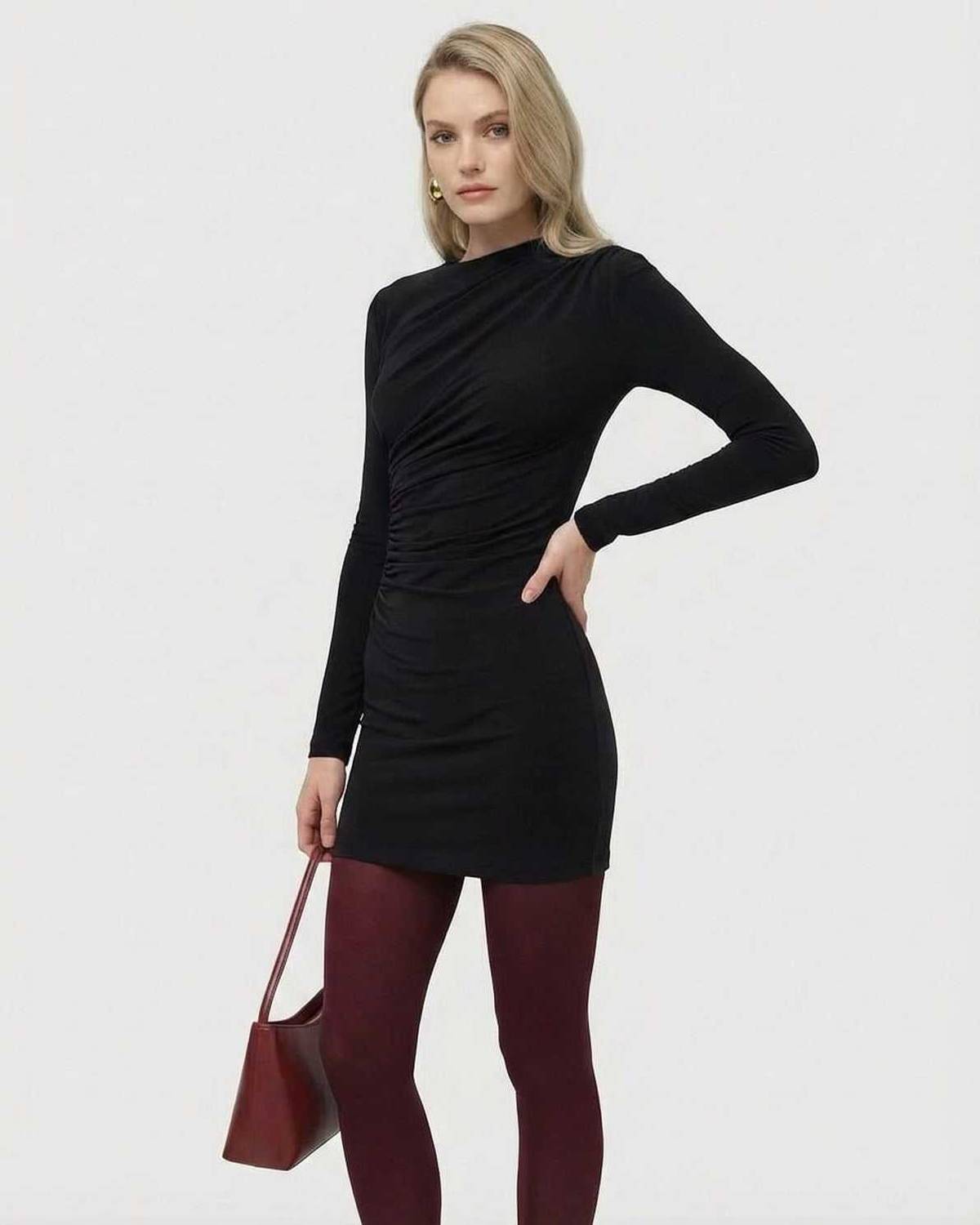 Noiré Mini Dress by Lauven featuring a long sleeve bodycon design with high waist and soft fabric.