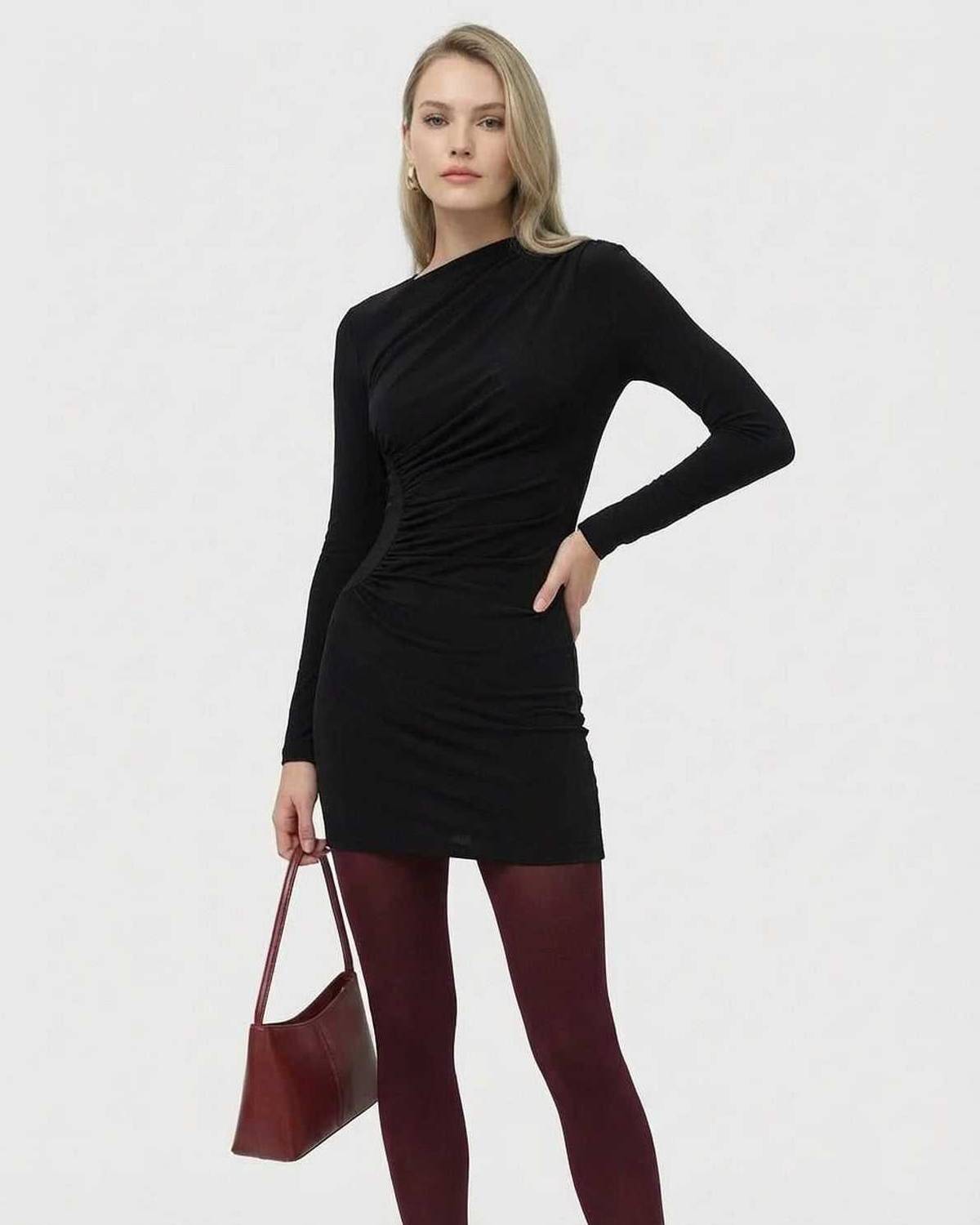 Noiré Mini Dress by Lauven, featuring a long sleeve bodycon design with high waist and applique detail.