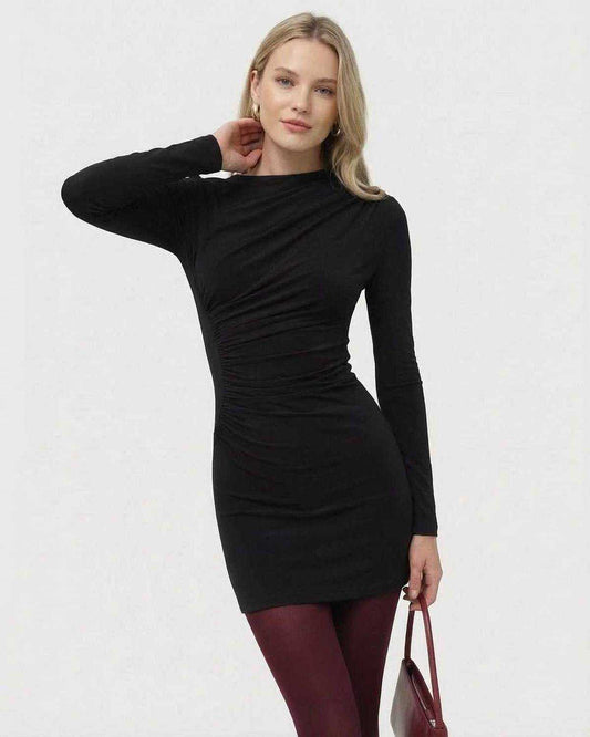 Noiré Mini Dress by Lauven featuring a long sleeve bodycon design with ruching and a high waist silhouette.