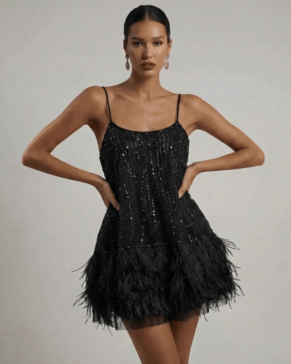 Noire Mini Dress by Lauven - Sequin tulle fairycore mini dress with feather tassel hem in deep black.