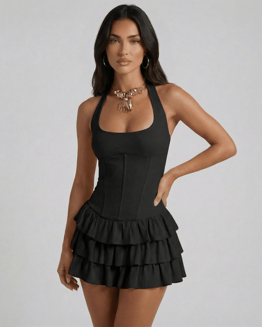 Noiré Mini Dress by Lauven featuring a square neck, tiered skirt, and high-waist silhouette in black.