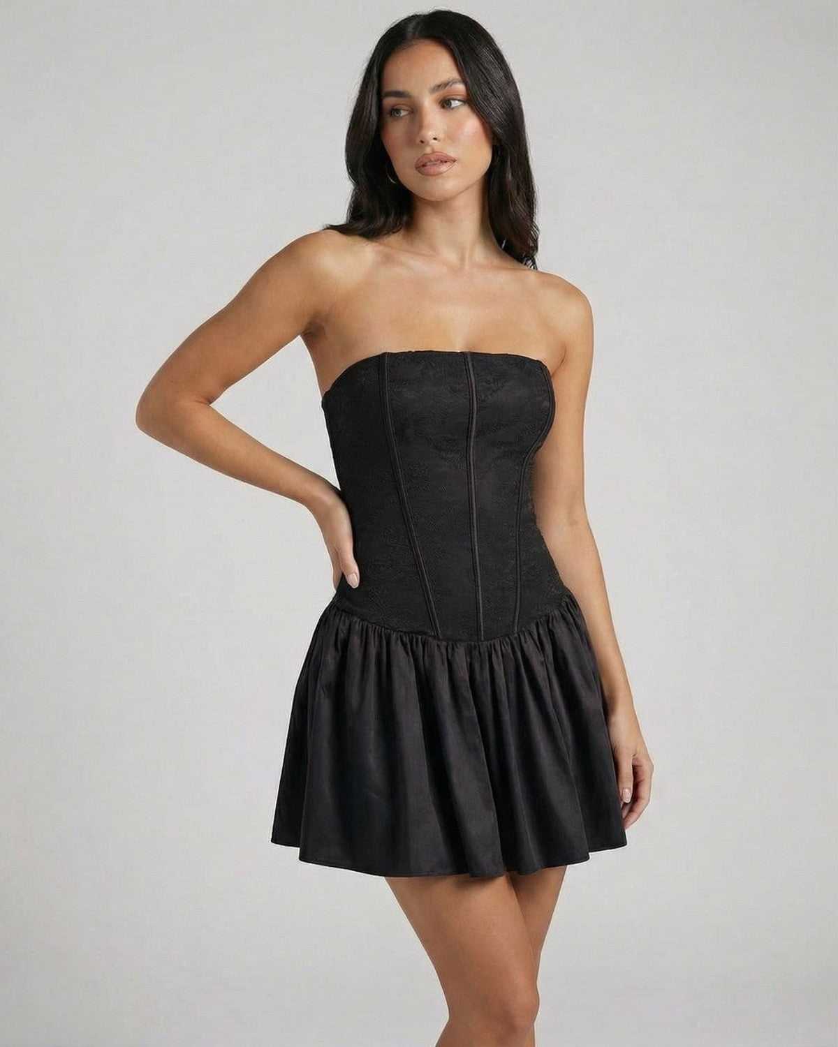 Noiré Mini Dress by Lauven, strapless corset mini dress with flared skirt in classic black, elegant fairy silhouette.